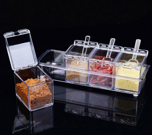 Crystal Seasoning Box With 4 Compartments And Spoons – Transparent Spice Storage