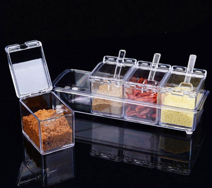 Crystal Seasoning Box With 4 Compartments And Spoons – Transparent Spice Storage